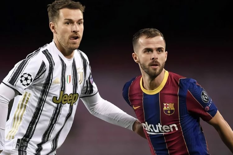 Juventus menawarkan Aaron Ramsey (kiri) untuk mendapatkan kembali gelandang Barcelona Miralem Pjanic (kanan). (Foto: Olenas.id/caughtoffside.com)