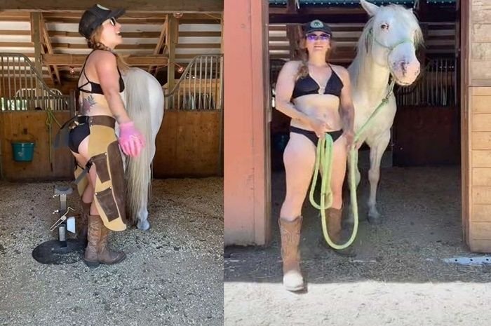 Wanita eksentrik yang menjuluki dirinya "The Bikini Farmer" menjadi viral