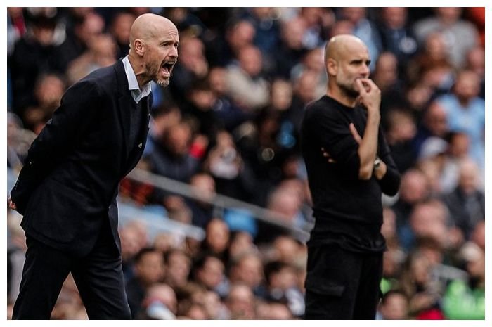 Pelatih Manchester City Pep Guardiola (kanan) meledek Manchester United yang ditangani Erik ten Hag (kiri).