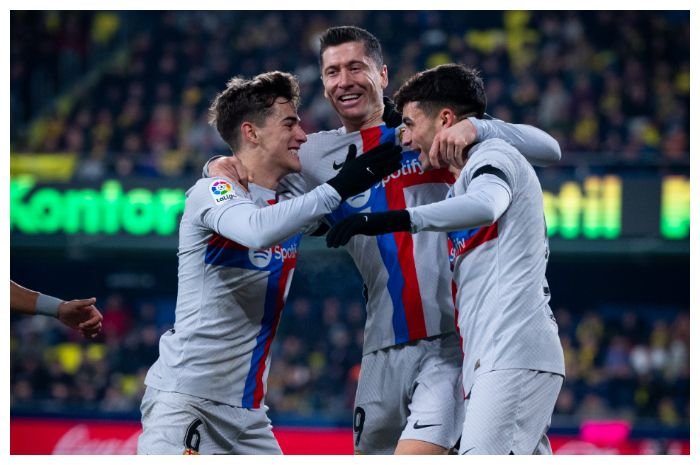 Pemain Barcelona merayakan gol di pertandingan melawan Villarreal di La Liga Spanyol, Senin, 13 Februari 2023 dini hari WIB.