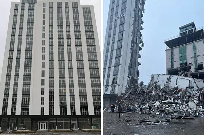 Sebelum dan sesudah Blok apartemen di Iskenderun, Turki