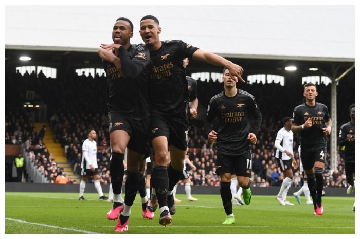 Arsenal merayakan gol dalam laga melawan Fulham di Liga Premier Inggris di Stadion Craven Cottage, Minggu, 12 Maret 2023 malam WIB. Arsenal menang 3-0.