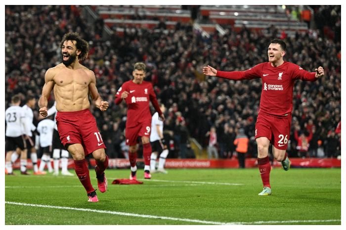 Liverpool membidik kemenangan di laga melawan Bournemouth di Liga Premier Inggris, Sabtu, 11 Maret 2023 malam WIB. Mohamed Salah dkk merayakan gol saat lawan Manchester United.