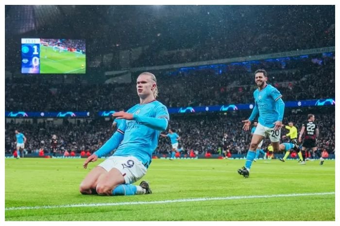 Striker Erling Haaland merayakan gol di laga 16 besar Champions League melawan RB Leipzig di Stadion Etihad, Rabu, 15 Maret 2023 dini hari WIB. Man City menang 7-0 dan Haaland mencetak quintuple.