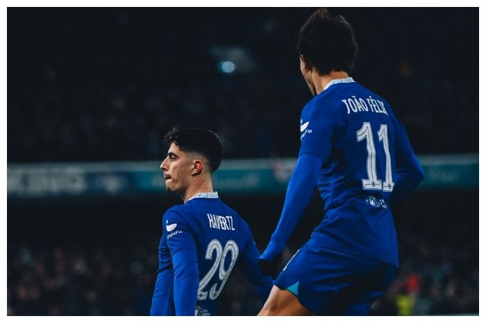 Striker Chelsea Kai Havertz (kiri) rayakan gol di laga kedua 16 besar Champions League lawan Borussia Dortmund di Stadion Stamford Bridge, Rabu, 8 Maret 2023 dini hari WIB. Chelsea menang 2-0 dan lolos ke perempat final.