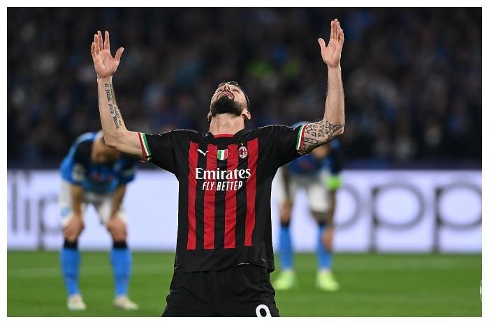 Striker AC Milan Olivier Giroud saat rayakan gol lawan Napoli di laga kedua perempat final Liga Champions di Stadion Diego Armando Maradona, Rabu, 19 April 2023 dini hari WIB.