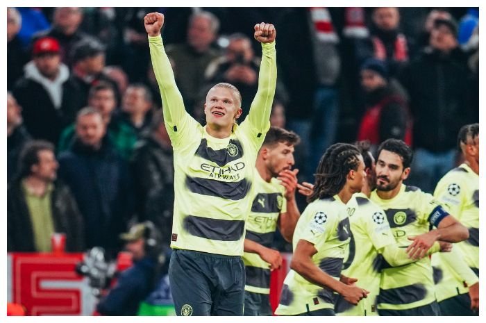 Manchester City rayakan gol di laga kedua perempat final lawan Bayern Munich di Stadion Allianz Arena, Kamis, 20 April 2023 dini hari WIB.