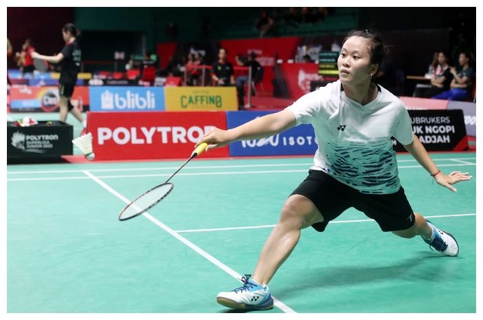Tunggal putri Vietnam, Le Ngoc Van saat berlaga di penyisihan grup putri U-19 Polytron Superliga Junior 2023.
