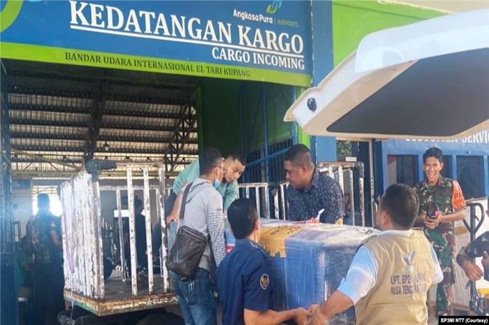 Proses kedatangan jenazah salah satu PMI di bandara El Tari Kupang.