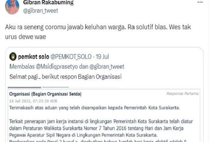 Kekesalan Gibran atas respon Pemkot Solo lewat akun twitternya