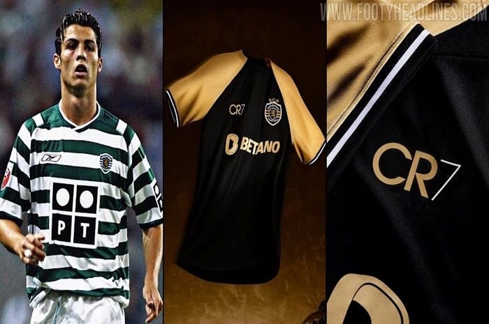 Cristiano Ronaldo saat berkostum Sporing CP dan jersey ketiga yang dipersembahkan untuknya