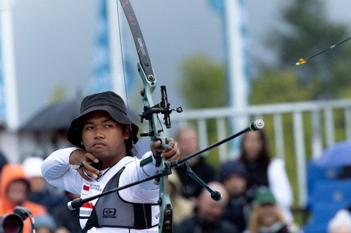 Arif Pangestu di babak semifinal ajang Hyundai World Archery Championships, di Berlin, Jerman
