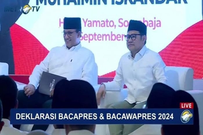 Anies Baswedan dan Muhaimin Iskandar saat deklarasi Capres dan Cawapres 2024 di Surabaya, 2 September 2023